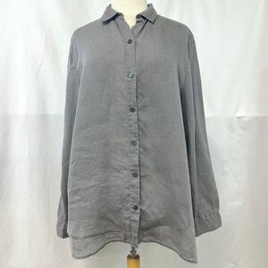 J. JILL Love 100% Linen Gray Button Up Collared Long Sleeve Blouse Women L Lagum